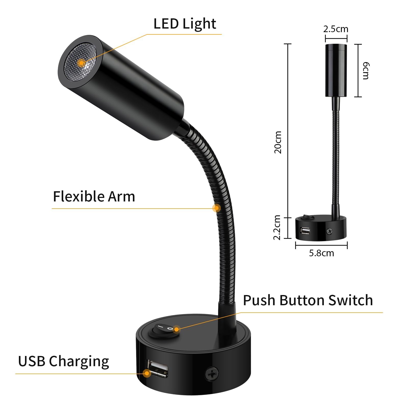 ERWEY 2pcs Lampes de Lecture LED 12V pour camping-car avec col de cygne flexible et port de charge USB 3000K blanc chaud DC 10-30V éclairage intérieur pour bateau caravane yacht, noir