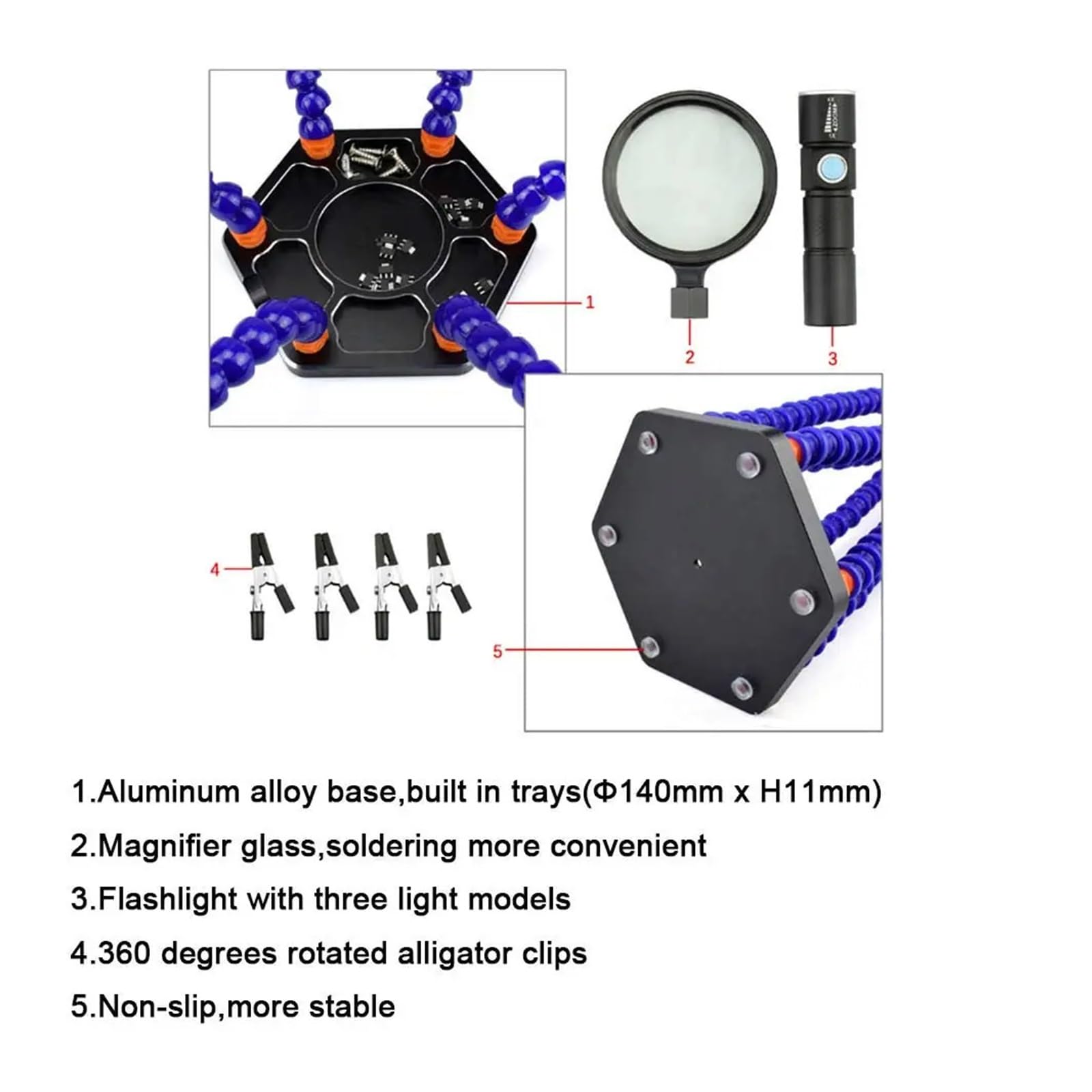 Saldatura Terza Mano Strumento, Stazione di Supporto for Saldatura con Lente d'Ingrandimento a 6 Bracci e Torcia USB Blu/Nero(Black)