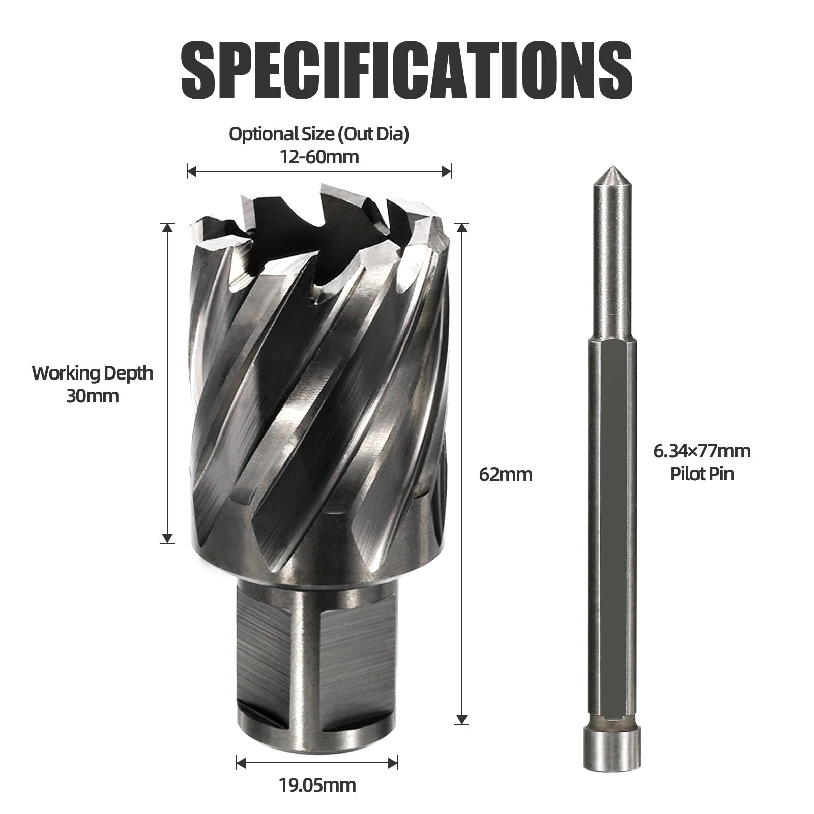 Fraise annulaire HSS 17 mm, tige Weldon de 19,05 mm, foret magnétique avec broche pilote pour plaque d'acier, aluminium, laiton, fonte, acier inoxydable