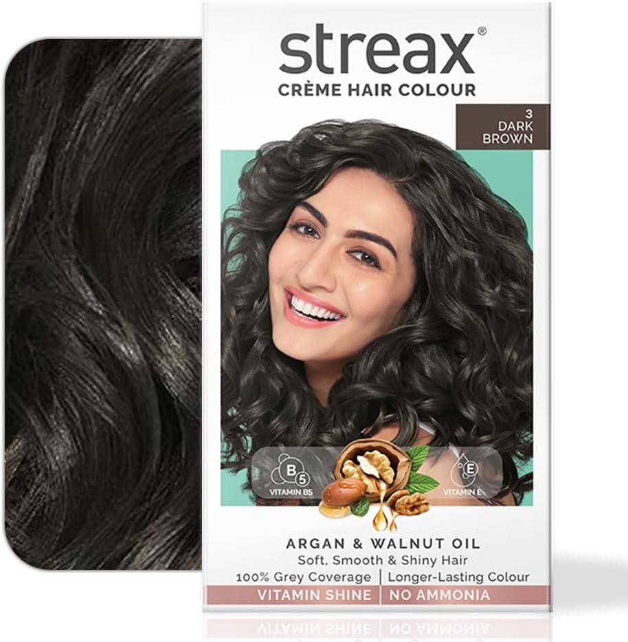 Streax Women's Crรจme Permanent Hair Colour - 3 Dark Brown Hair Color, 100% Grey Coverage,Ammonia Free Hair Color, Long Lasting Hair Colour, Colourant Tube 60G, Developer Bottle 60Ml, Conditioner 20G