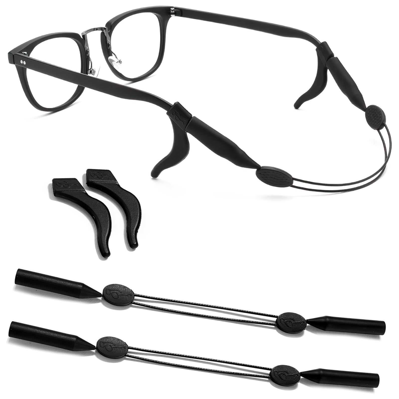 Adjustable Specs Holder Strap with Silicone Ear Grip, Anti-Slip Eyeglass and Sunglass String, Sports Spectacle Chain Accessories for Glasses (2 Straps + 1 Ear Hook, Black)