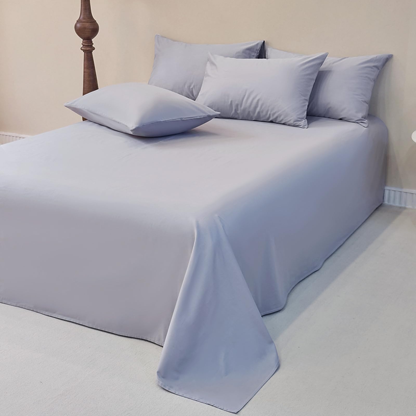 Drap plat bleu gris coton 190x230cm pour lit double uni entretien facile