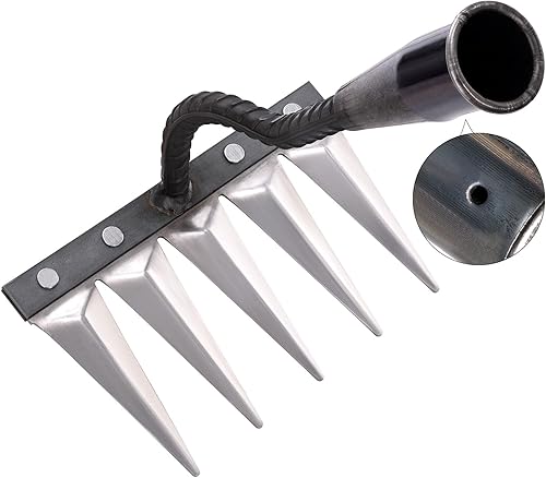 Yangbaga Rastrillo de hierro, rastrillo de jardín, herramientas de jardinería, rastrillo resistente con 5 púas de metal, rastrillo para jardinería