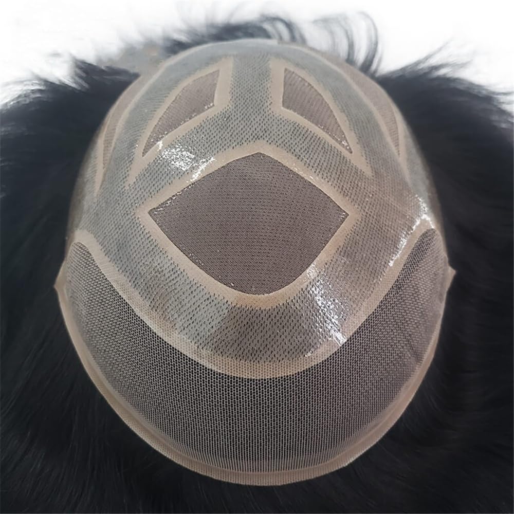 Men's Toupee Parrucca da uomo in capelli umani, traspirante, mono superiore, con perimetro in PU, frontale in pizzo svizzero(2#,6x9)