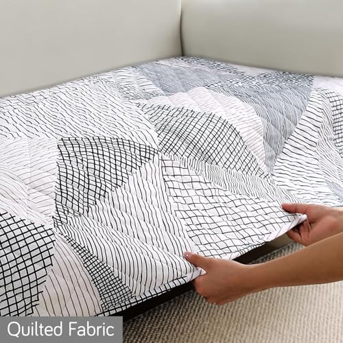 Image of HOKIPO 'Elira Series' Polyester Blend Digitally Printed Water Repellent + Waterproof Sofa Seat Mat for 3 Seater Sofa - Snow White Black Geometry (NEW-AR-5248-C9*1)