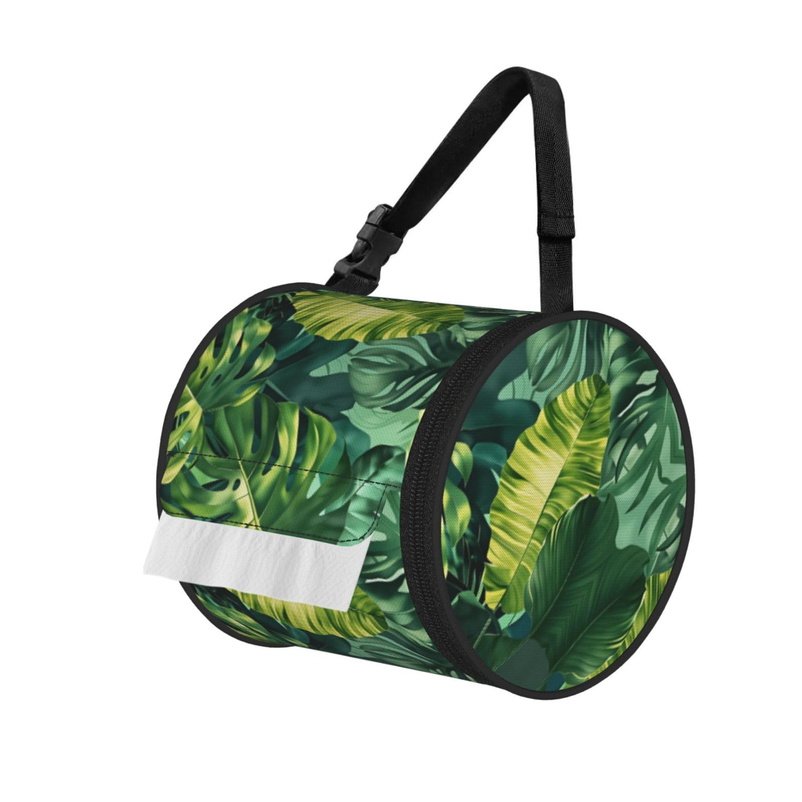 Tropical Green Plants Print Round Tissue Dispenser Bag With Carry Strap, Portable Roll Holder For Car Travel Home