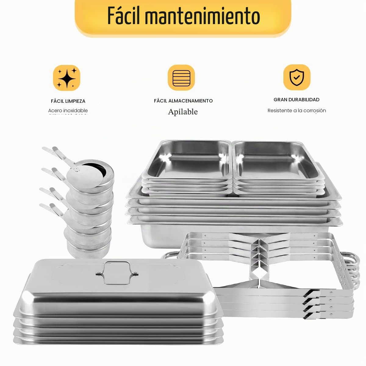 Calentador de Alimentos Bufé, Servidor de Calentador Buffet, Chafing Dish de Acero Inoxidable para Buffet con Pinzas y Cucharas para Fiestas, Catering, Banquetes (4 unidades, 8 x GN 1/2)