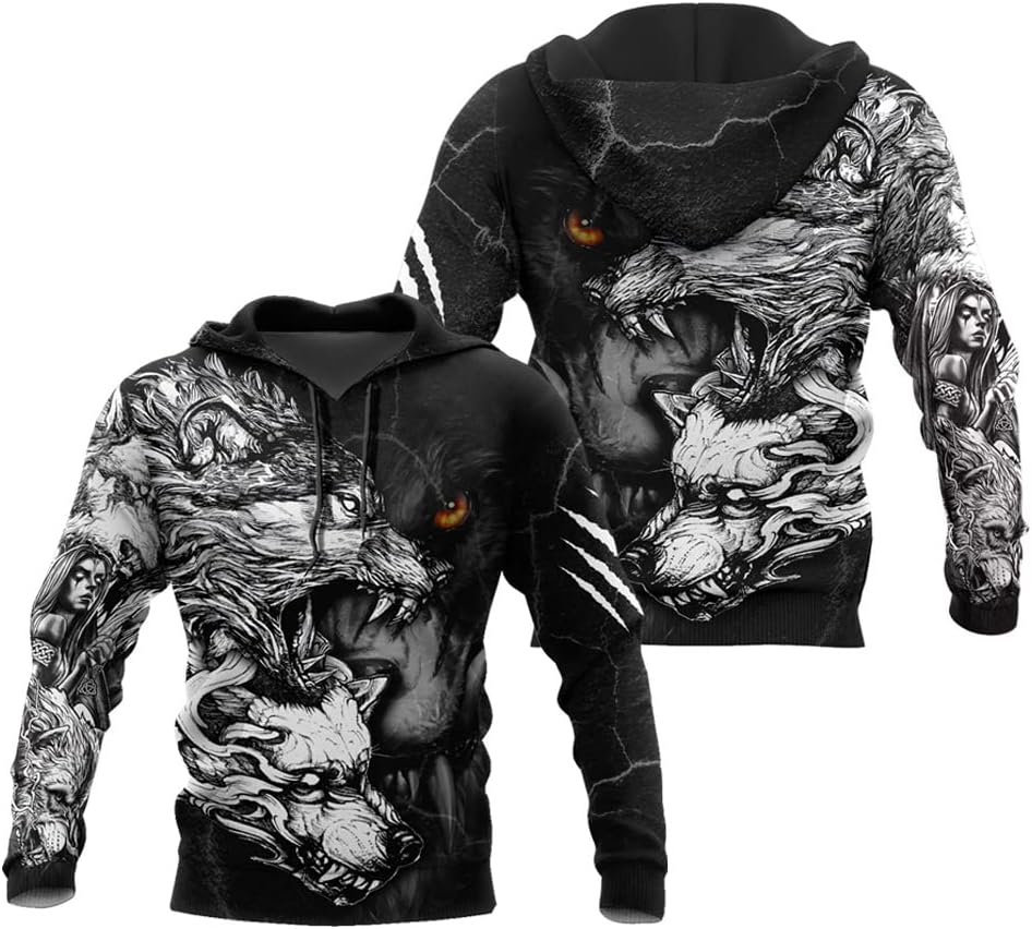Viking Men's Fenrir Wolf Tattoo Pullover Hoodie 3D Full Print Fashion Casual Jacket Nordic Harajuku Zip Sweatshirt