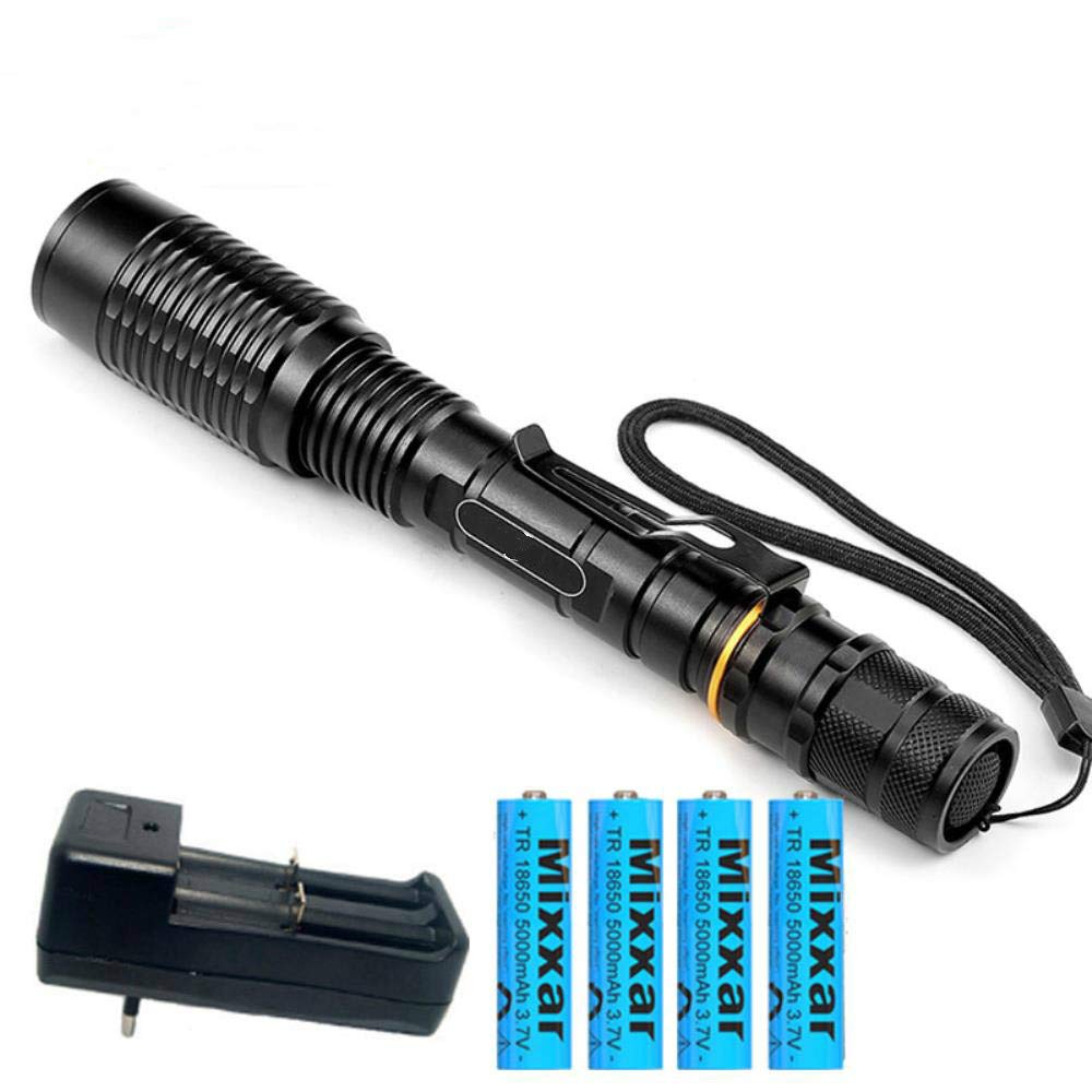 Lampe de poche LED T6 rechargeable avec zoom réglable et 5 modes d'éclairage pour camping noir