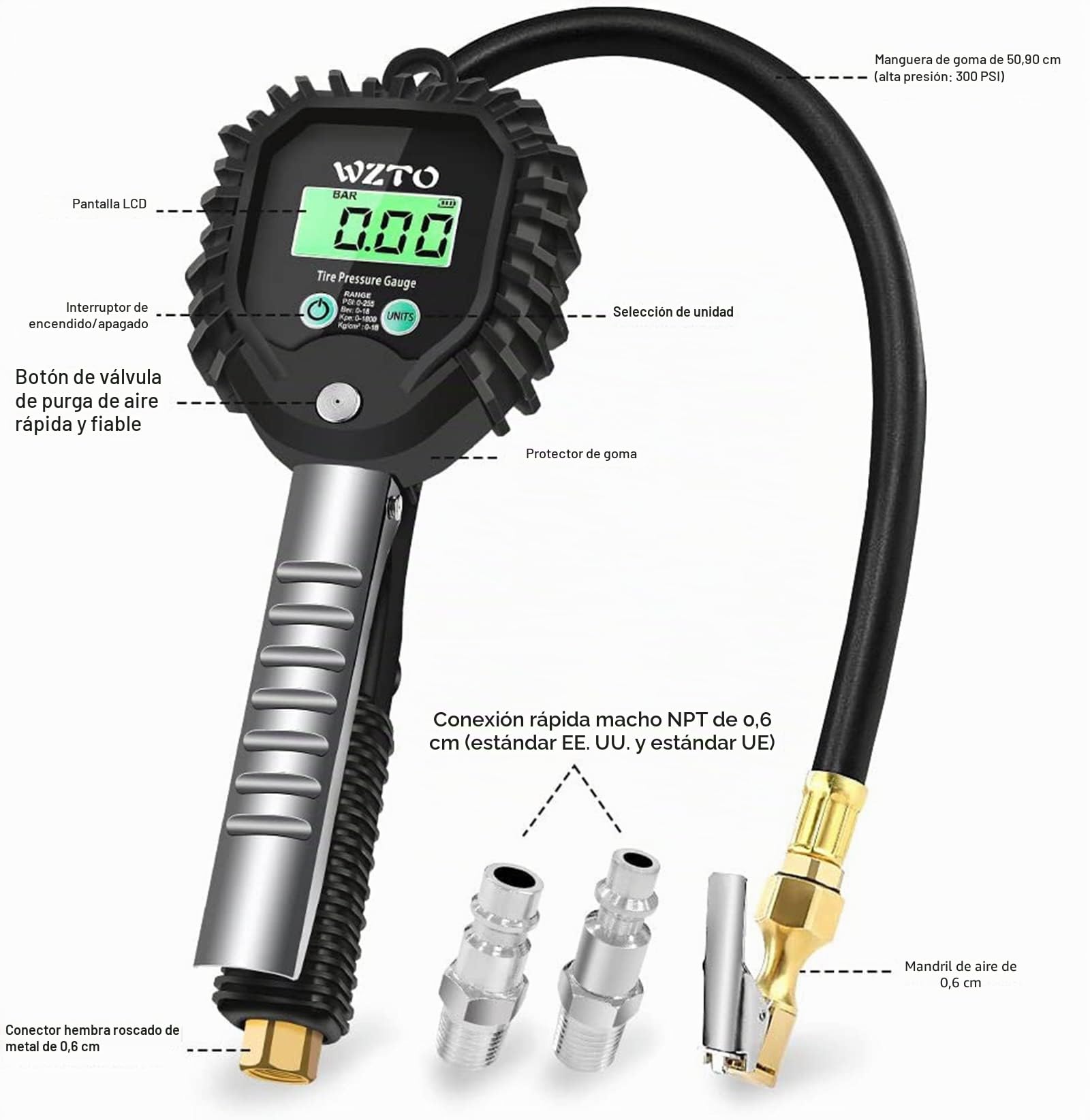 Manometro Presion Neumaticos Digital, 255 PSI Manómetro Digital Inflador Ruedas Coche con Manguera de Goma Manómetro para Coche Moto Bicicleta y Camión - Garantía de 2 Años