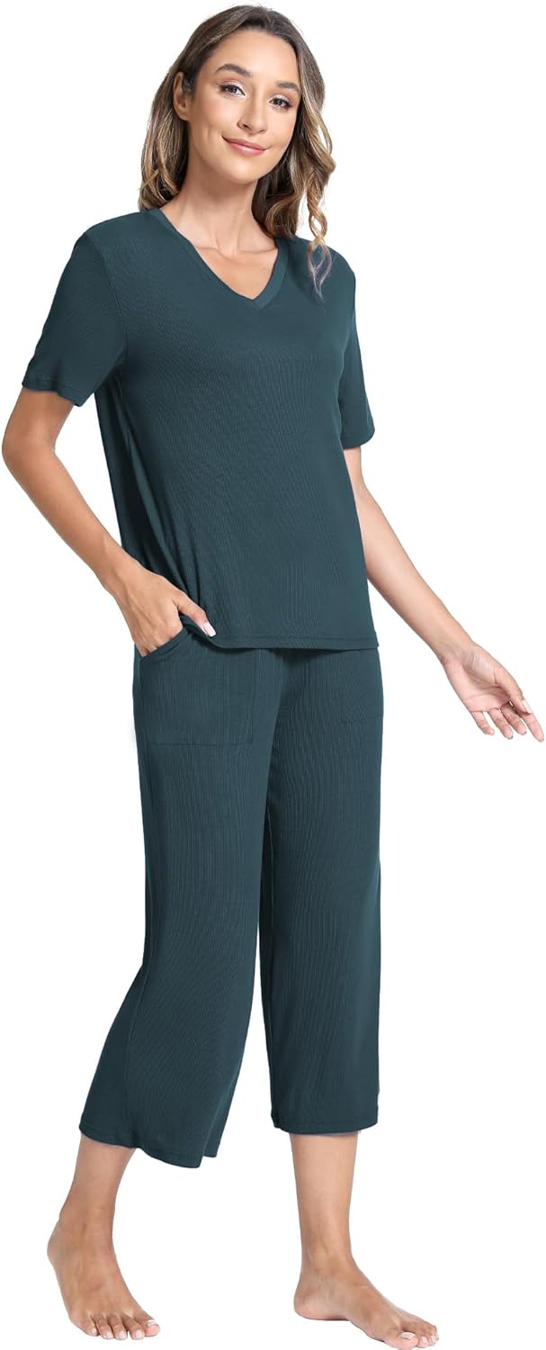 GYS Bamboo Viscose Sleep Sets for Women Short Sleeve V-Neck Top and Capri Pants Pajama Sets - Image 3