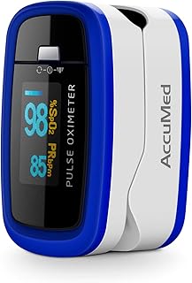 AccuMed CMS-50D1 Fingertip Pulse Oximeter Blood Oxygen Sensor SpO2 for Sports and Aviation. Portable and Lightweight with LED Display, 2 AAA Batteries, Lanyard and Travel Case (Blue)