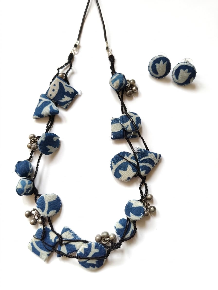 Boho Indigo Blue Fabric Necklace Set with Silver Ghungroo and Matching Button Stud Earrings-image-35