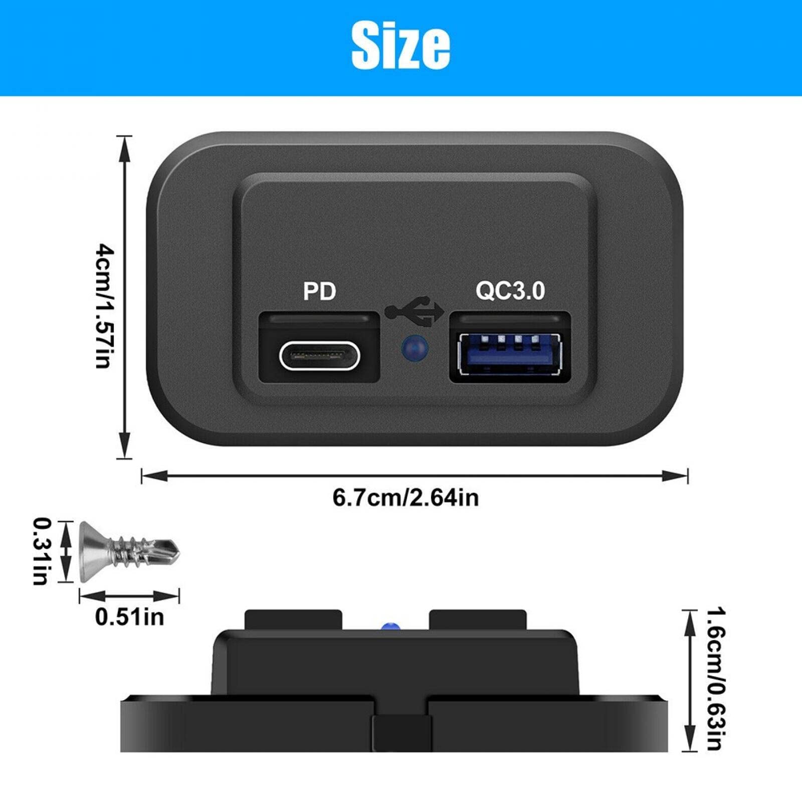 Caricatore da auto impermeabile per imbarcazioni 12-24V con doppia porta USB-C PD3.0 QC3.0, voltmetro LED e interruttore