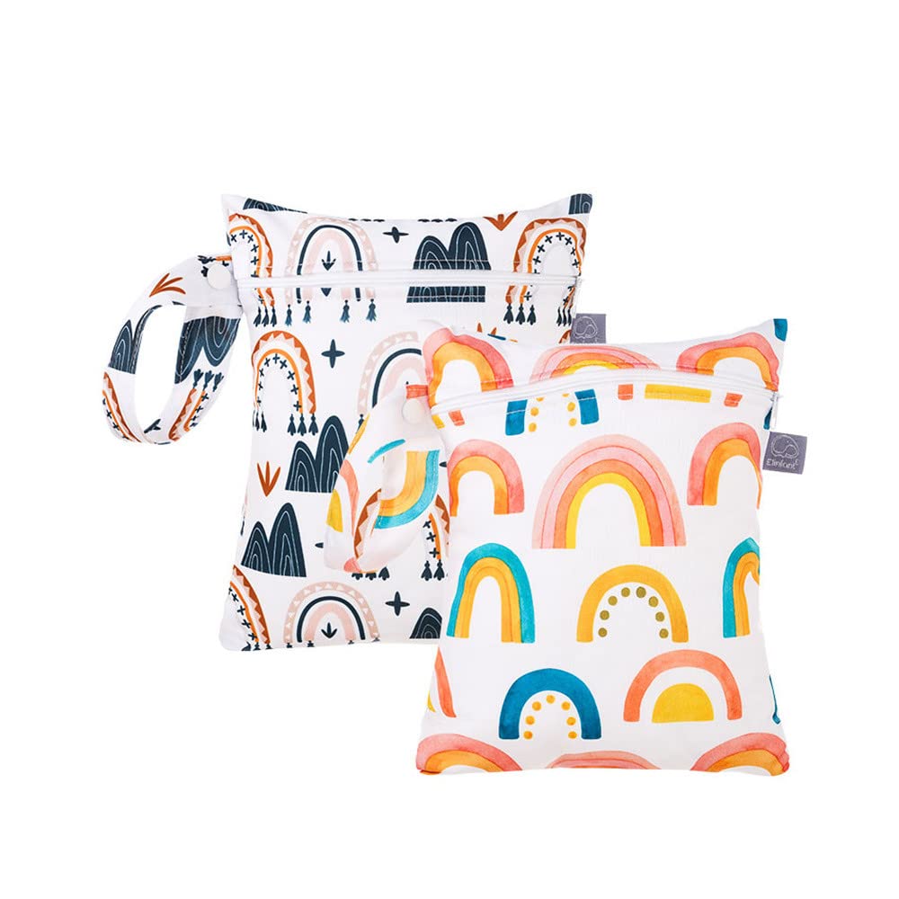 Treer Wet Dry Bag 2 PCS Baby Cloth Nappy Bag Washable Reusable Hanging Baby Diaper Bag with Zipper, Waterproof Organizer Bag for Daycare Travel Beach Swimwear Pool Gym (Rainbow,18x25cm)