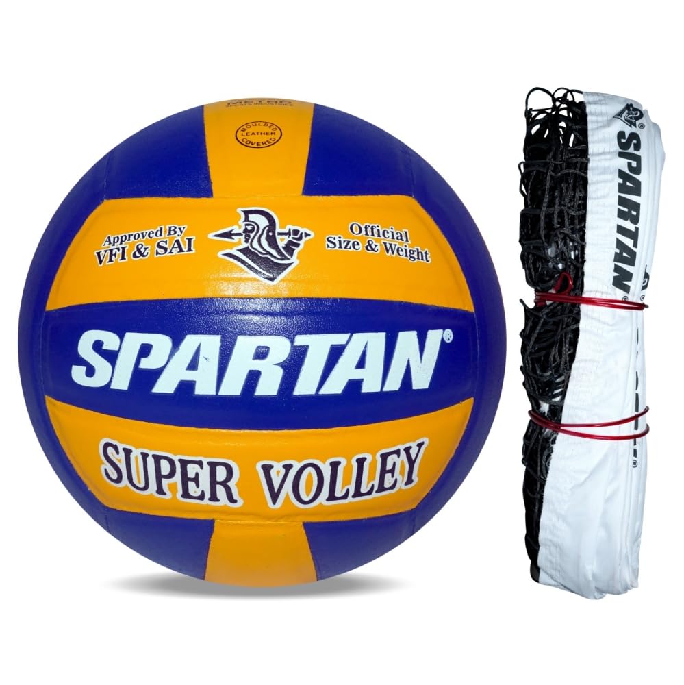 FIGHTOR Spartan Combo Super Volleyball with Volleyball Net 4 Side TETRON Tape Nylon Genuine Leather Pasted, Butyl Bladder, As Per VFI Standard, (Size4, Yellow/Blue) NET 33X3Feet (Black/White)-image-45