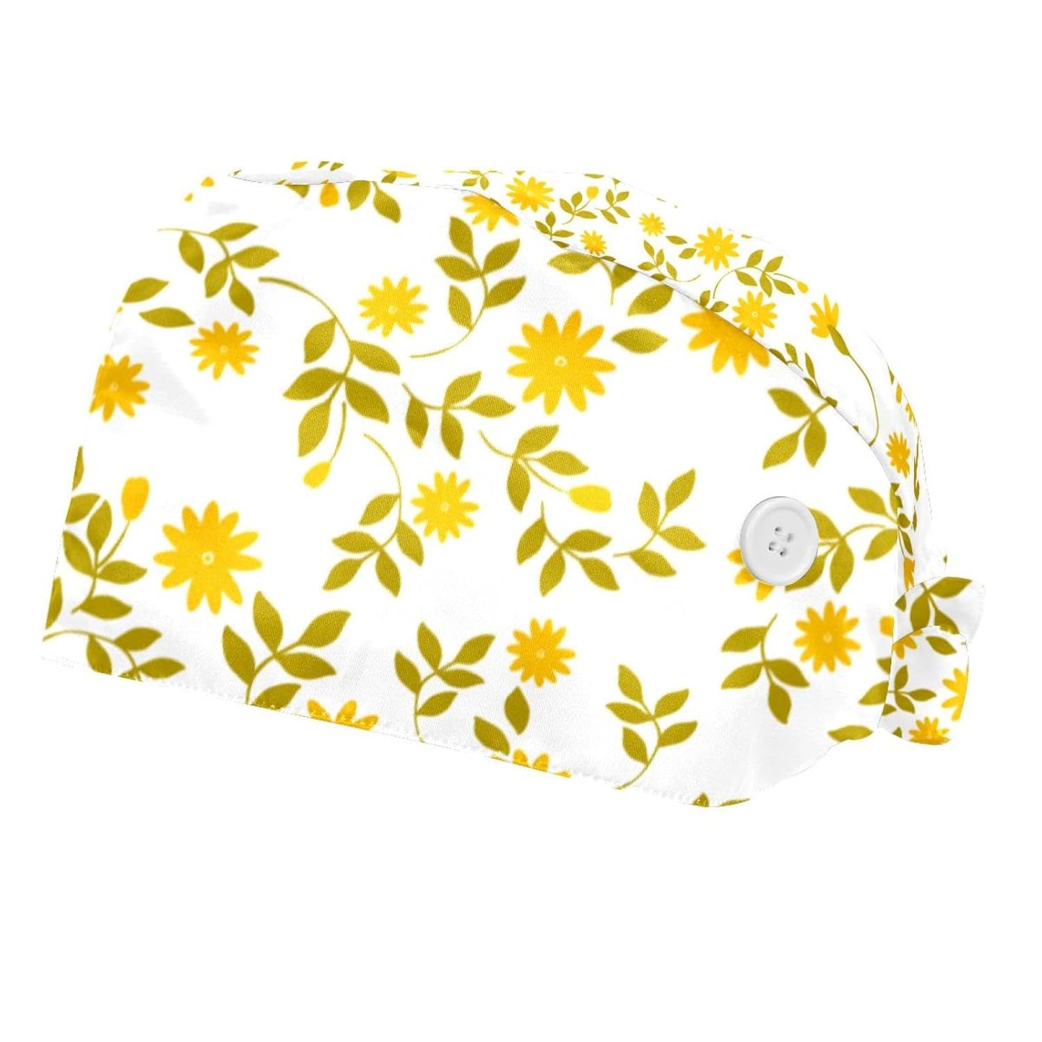 Yellow Small Flower 2 Pcs Unisex Working Cap with Button Sweatband Adjustable Tie Back Bouffant Hats