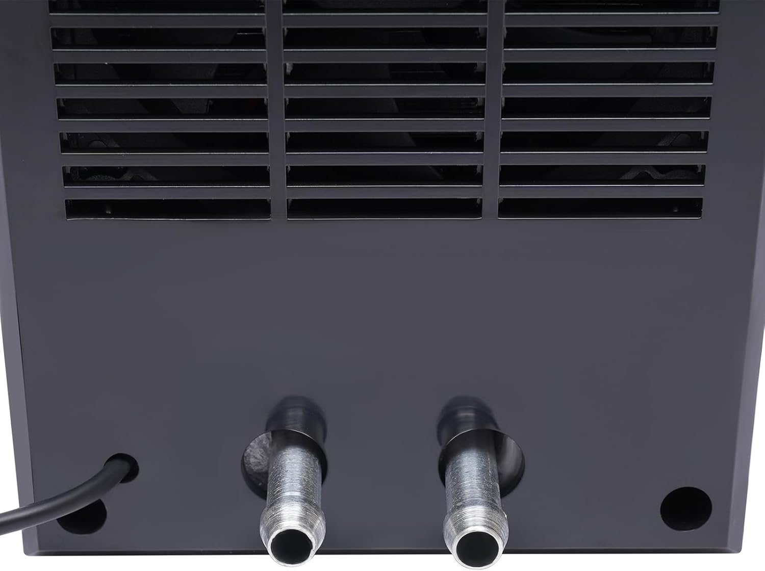 Close-up of the hose connections on the back of the aquarium chiller.