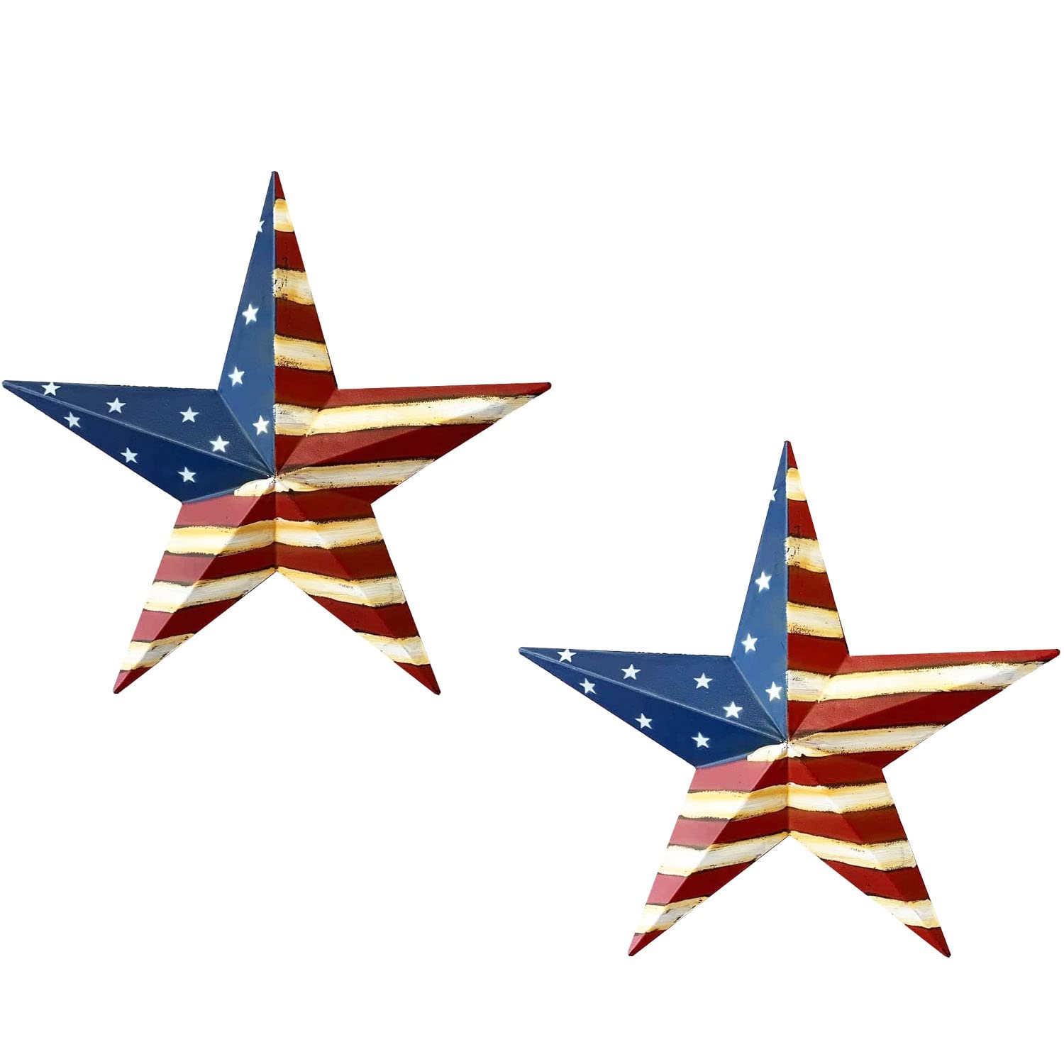YUMBOR Rustic Metal 3D Barn Star Patriotic Wall Decor,Set of 2, American Flag Wall Star July 4th Country Americana Patriotic Wall Wreath, Outdoor