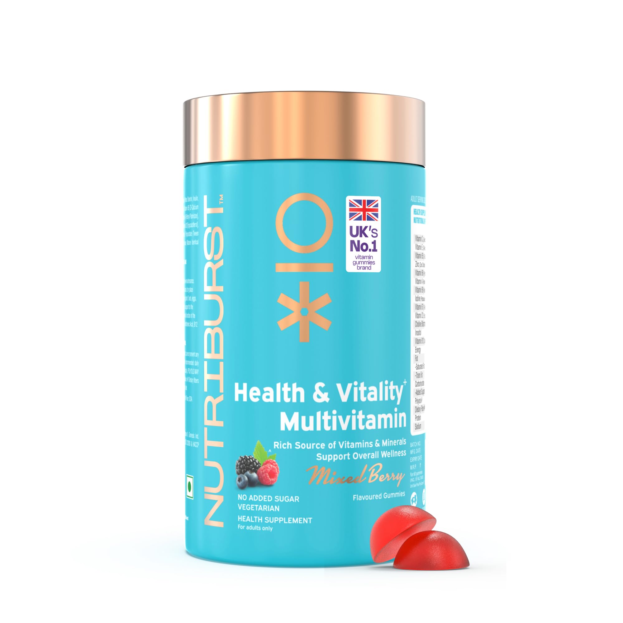 NutriburstHealth & Vitality Gummies with Multi Vitamins A, B, C, D, E & Biotin | No-Added Sugar| Mixed Berry Flavor |100% Vegetarian| 60 Gummy