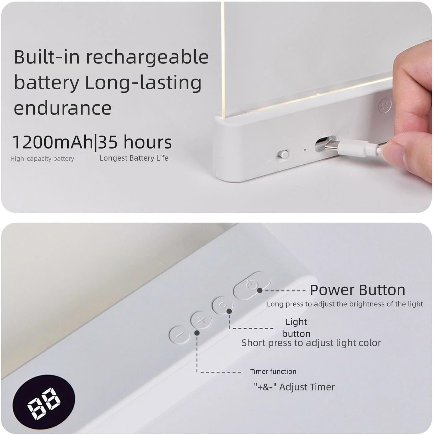 KYOFIS Rechargeable LED Flat Book Light, Timer, Dimmable Brightness, Portable Panel Plate Reading Lamp for Night, Gifts for Readers(White)