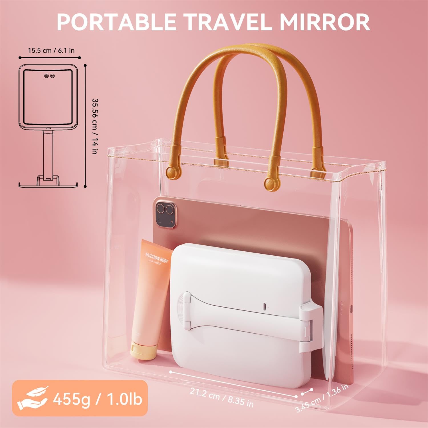 Auxmir Travel Makeup Mirror in a clear travel bag, showing its compact dimensions