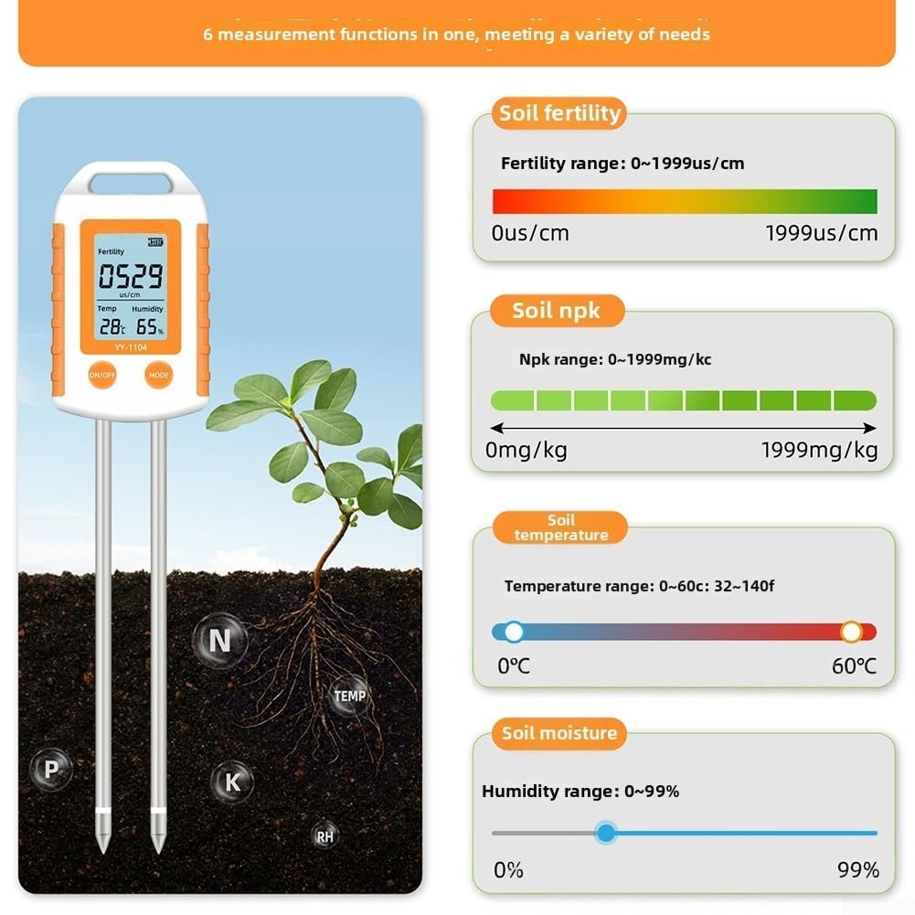 Probador de suelo 6 en 1, NPK nitrógeno fósforo analizador de potasio humedad pH fertilidad metro para agricultura invernadero huerto jardín