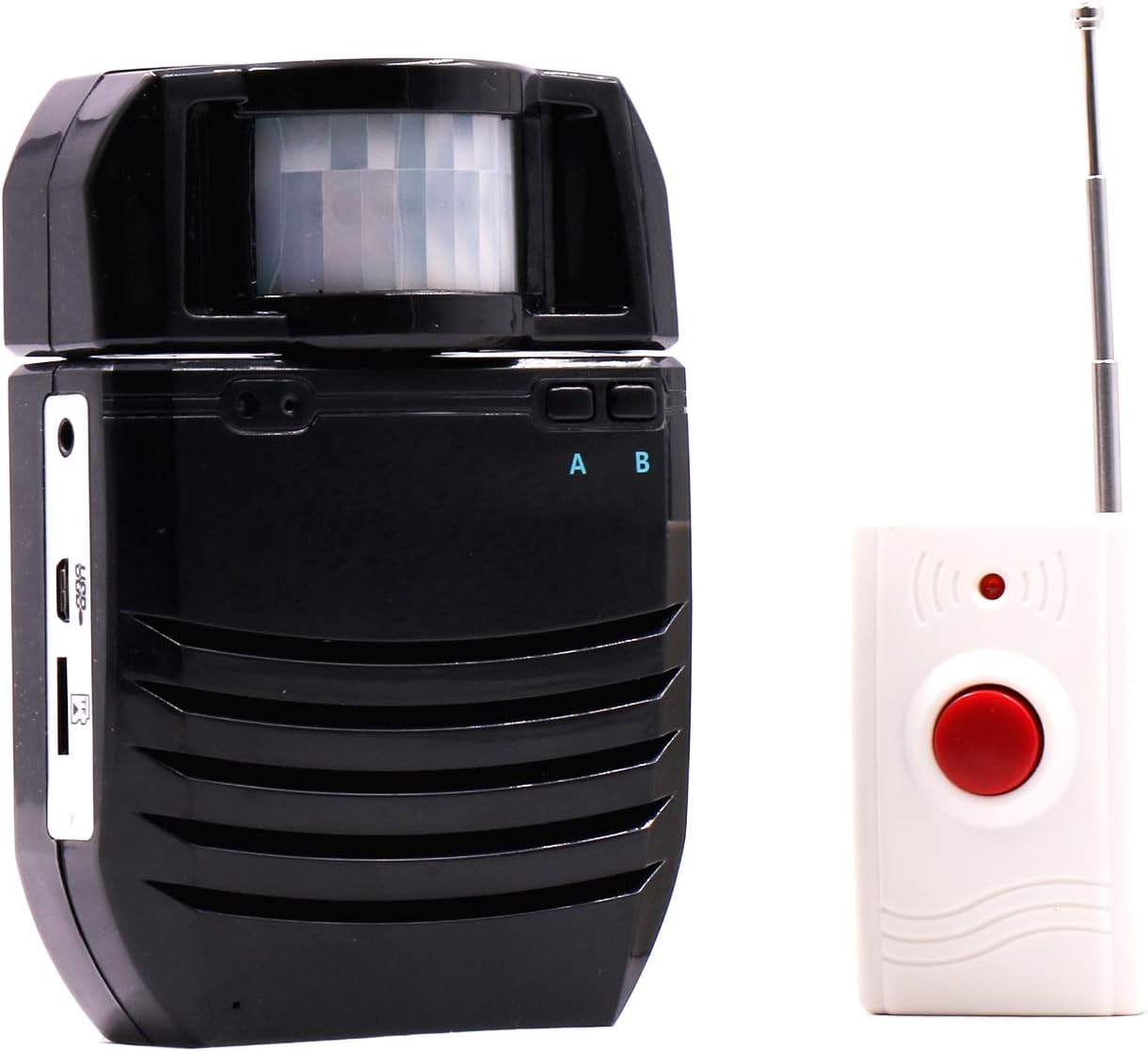 წინა view of the Waytronic S11 Black motion sensor sound player next to its remote control.
