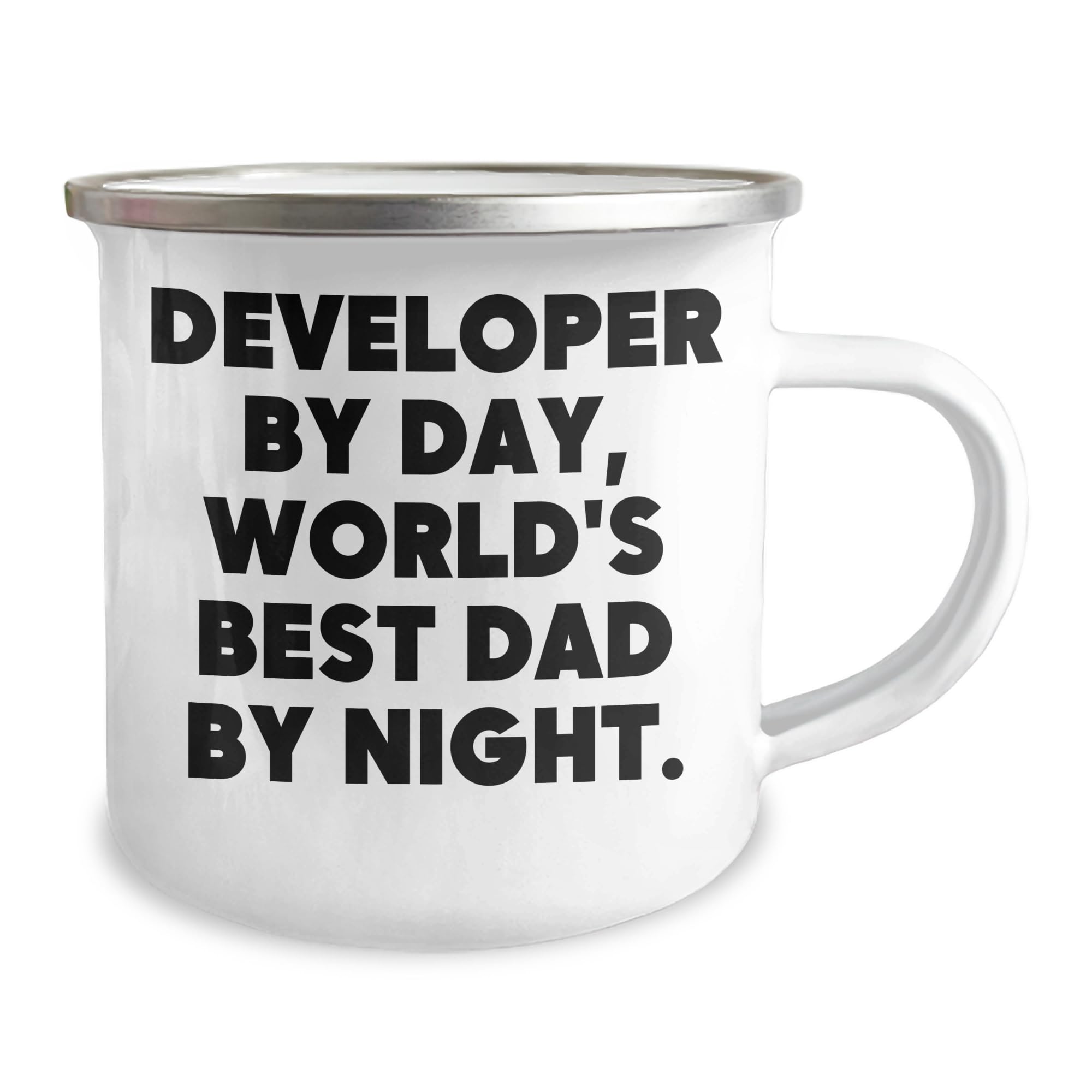 Developer By Day, World's Best Dad By Night. Gift for Developer Birthday Camping Mug, Stainless Steel with Enamel Finish, 12 oz Capacity, Perfect for Developer Enthusiasts