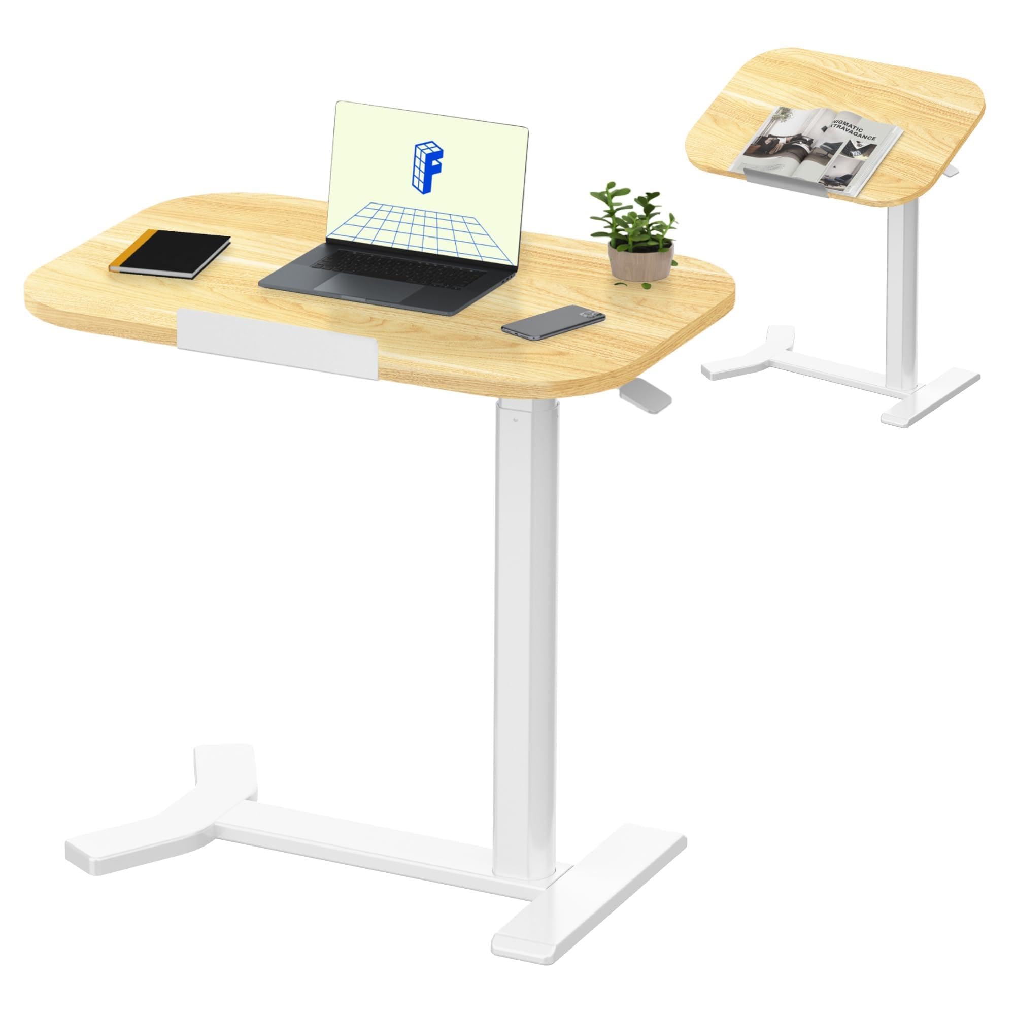 Standing Desk Height Adjustable Overbed Sit Stand Up Desk with Desktop Stable Steel, 60 * 40cm (White Frame+Maple Top)