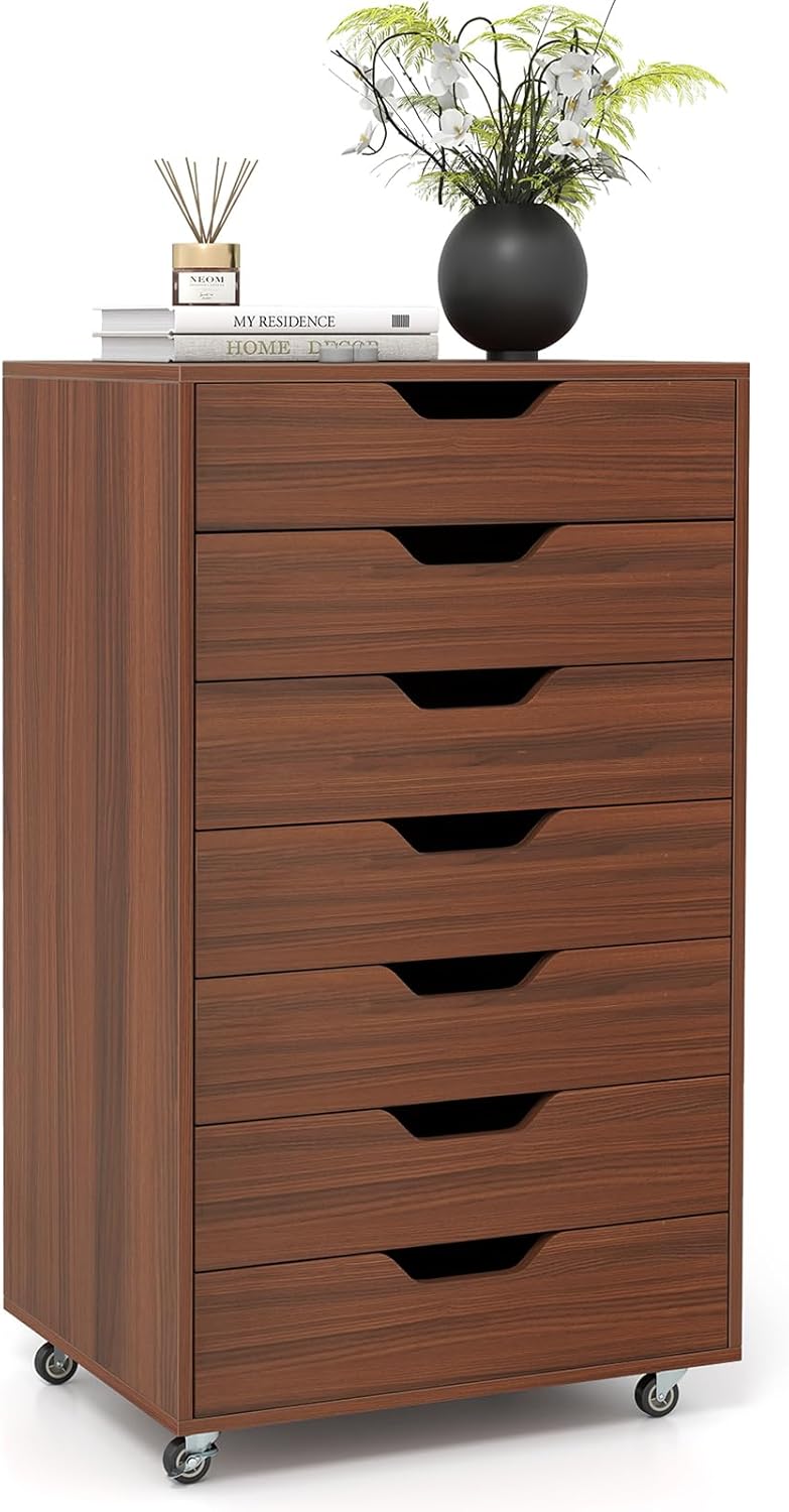 Giantex 7-Drawer Storage Cabinet, Mobile File Organizer with 4 Universal Casters, Wooden Vertical Filing Cabinet on Lockable Wheels for Office, Study, Living Room (19” x 15.5” x 34.5”,Walnut)