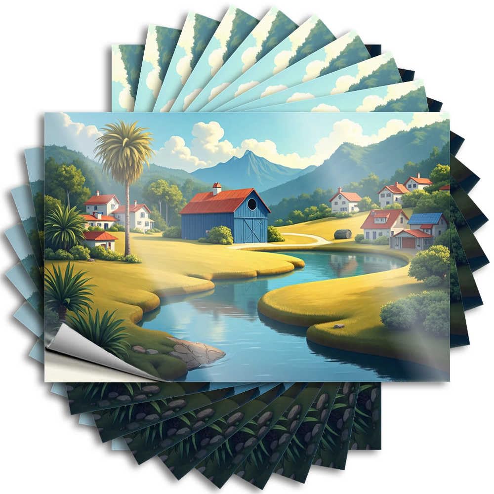 Tattoos Western Cottage Core Decorations Cover Peaceful Village By The River with Mountains in The Background - No Residue Decals for Outdoor(12X18CM)
