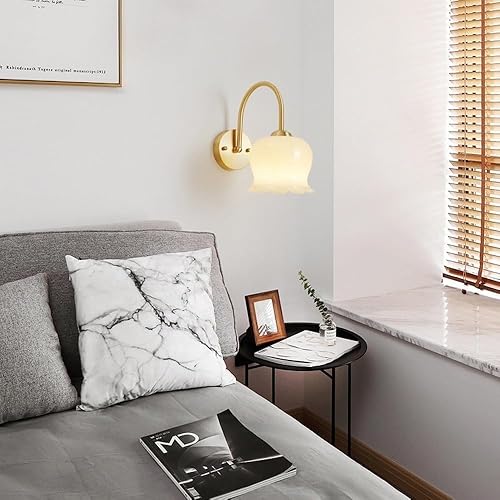 Miniatura 3 de E27 - Lámparas de pared de latón cepillado hechas a mano, apliques de pared con pantalla de vidrio para dormitorio, mesita de noche, luces modernas