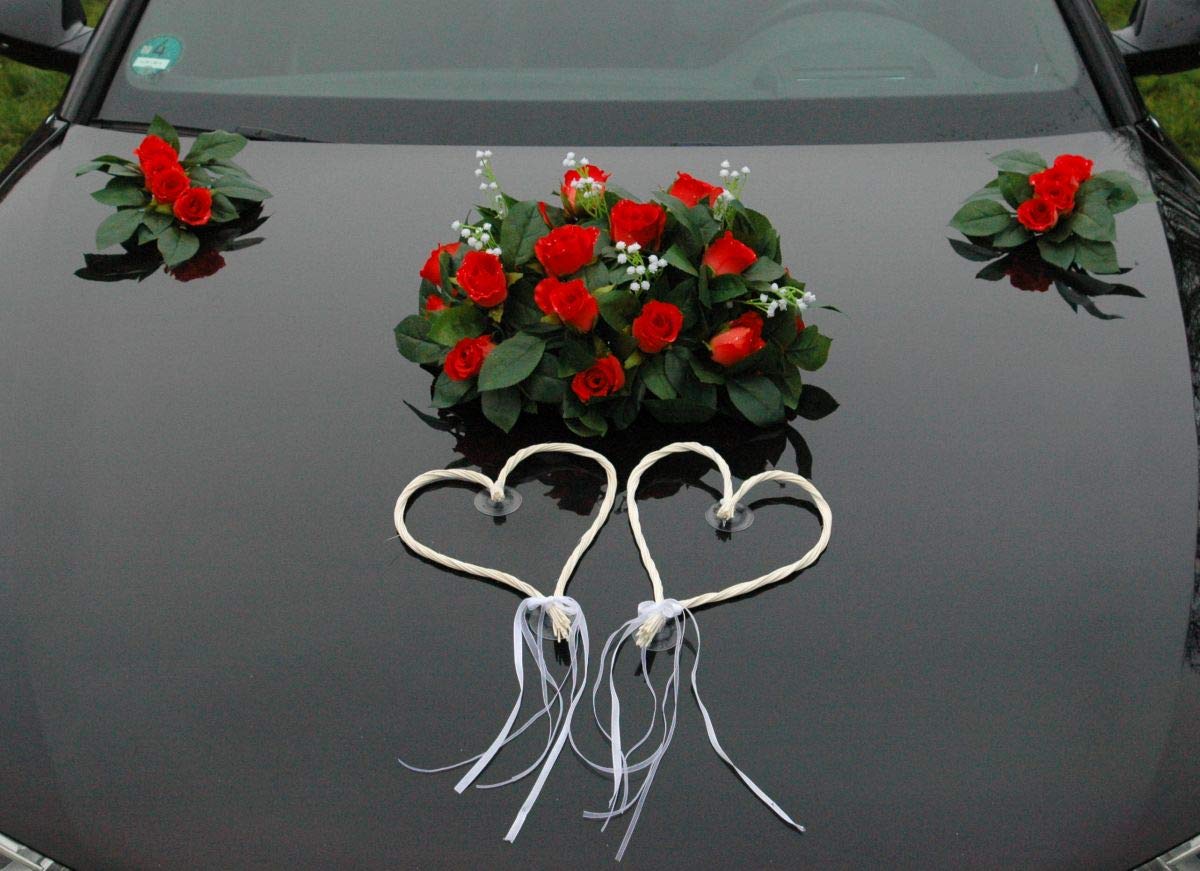 Auto Schmuck – Decorazione Per Auto Matrimonio: Rose, Cuori In Rattan, Ventose In Silicone, Made In Germany - 2
