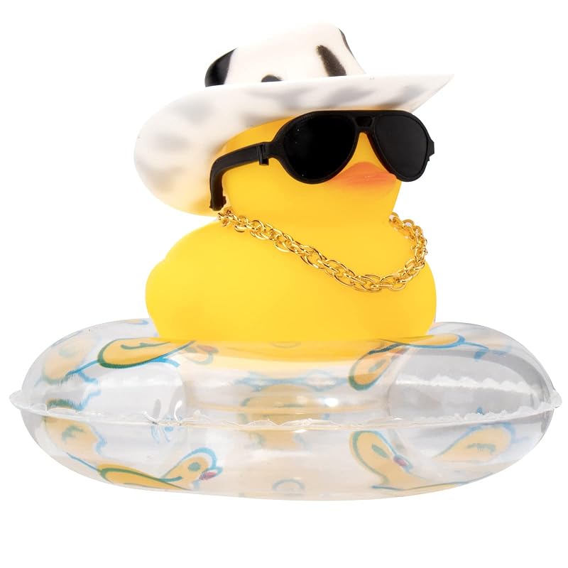 Pato decorativo de borracha para painel automotivo wonuu com chapéu, óculos, colar e boia, amarelo, 1 unidade