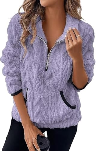 Women's Oversized Quarter Zip Sweatshirt Long Sleeve Fleece Casual Sweater Sherpa Warm Pullover Tops with Pockets (Light Purple,Medium)