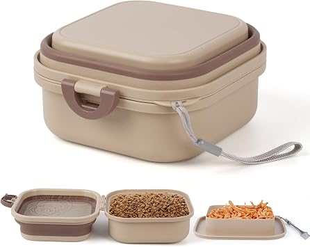 Collapsible Bowl with Cover Lids, Dog Travel Bowls Portable Foldable Cat Water Dish Bowl for Pets Walking Parking Camping, 2-in-1 Portable Food Feeding and Storage Solution Khaki Large