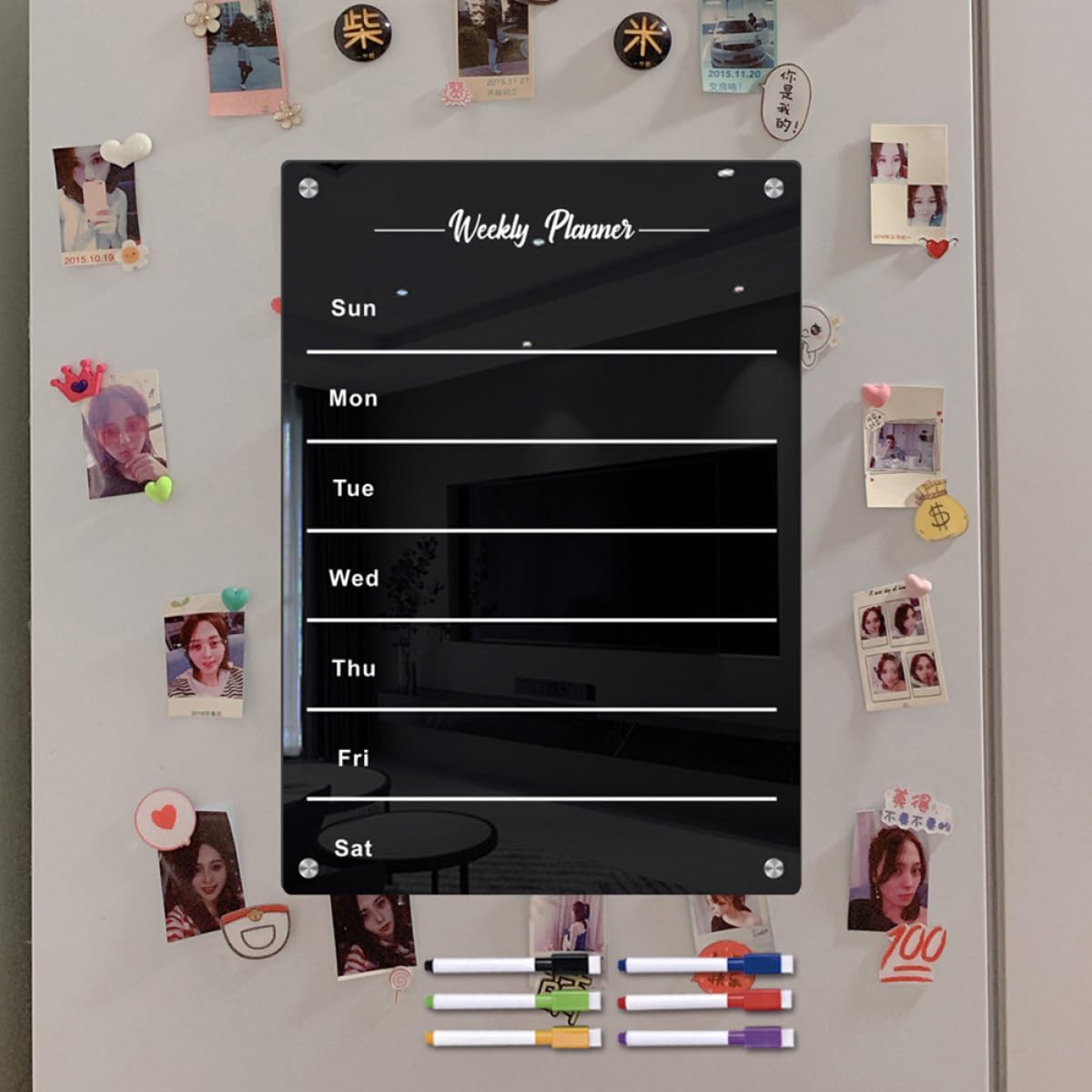 Zerodeko Magnetische Kühlschrank Schreibtafel A3 aus Schwarzem Acryl Abwischbarer Wochenplaner mit 6 Whiteboard Markern Wiederbeschreibbares Messageboard für Familien und Küchenkalender
