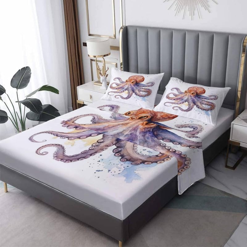Sábanas de pulpo tamaño Queen Sábanas Kraken de microfibra suave, bolsillo profundo, sábanas y fundas de almohada estampadas sin arrugas, 4 piezas