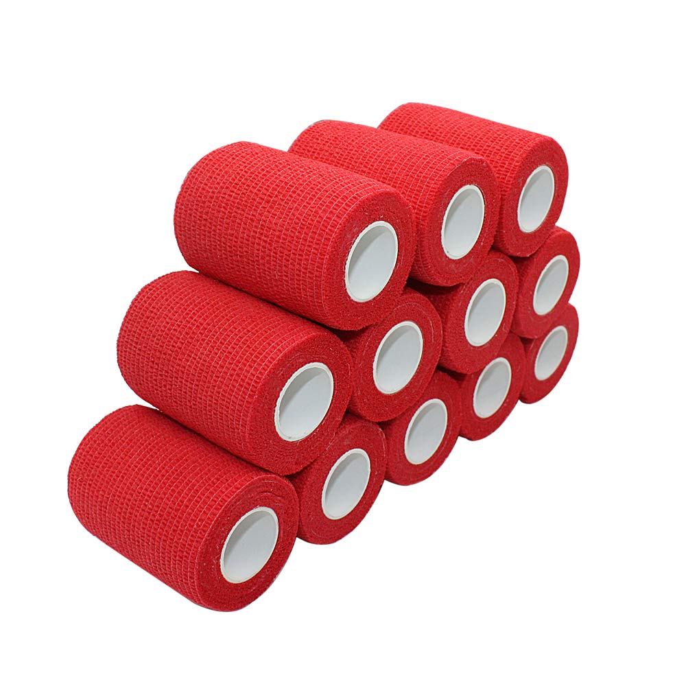 Vet Wrap 3 inch x 12 Pack Red Tape For Skin Bandage Tape Vet Tape Cohesive Bandage Fabric Bandages Self Sticking Bandage Wrap Self Adhering Bandage Wrap Bandage Stretch Self Adhesive Tape
