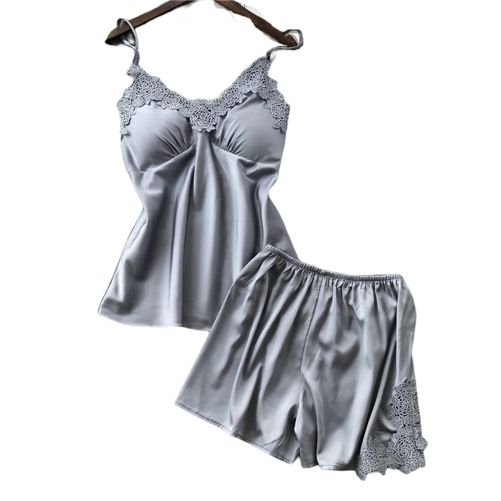 Damen-Pyjama-Set – Sexy Spitzen-Pyjama, Damen-Träger-Shorts, zweiteilig, Brustpolster, V-Ausschnitt, Loungewear, Dessous, Nachtwäsche, bequemes, weiches Nachthemd