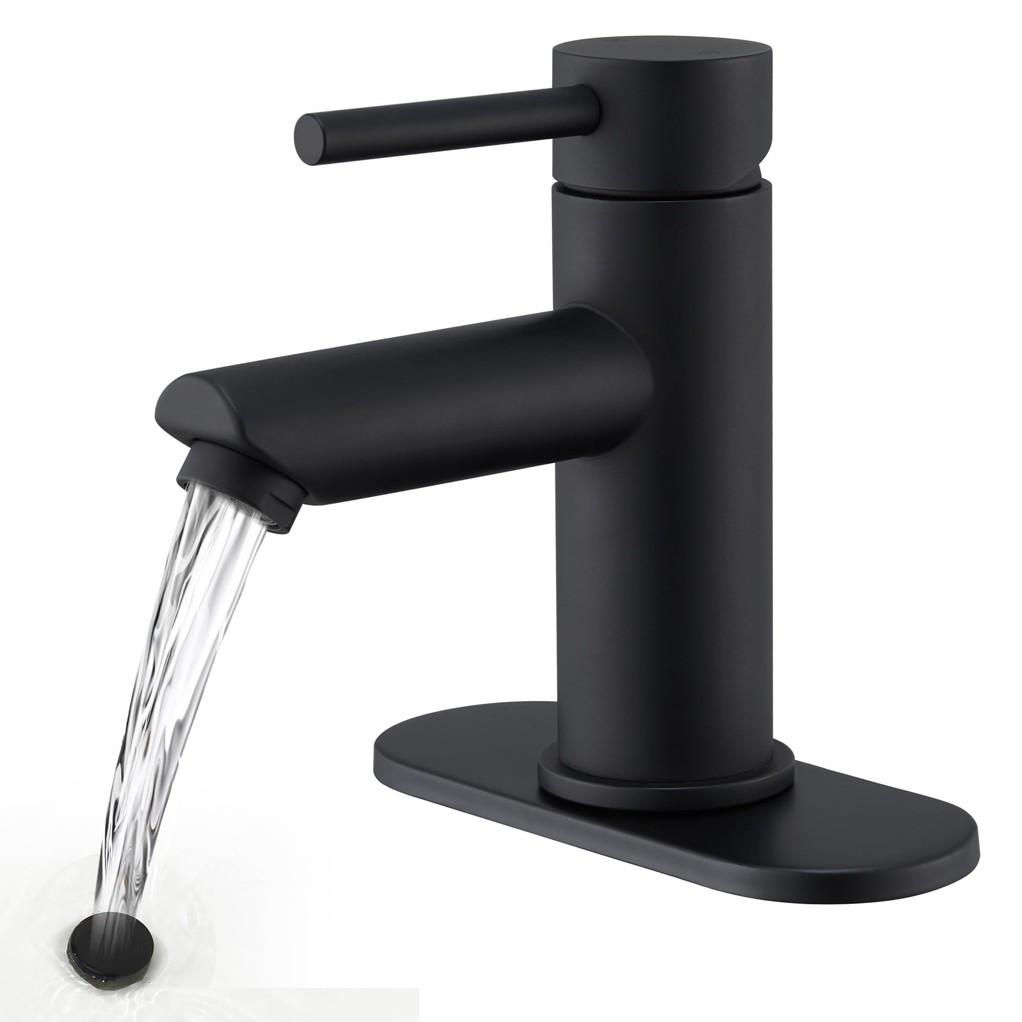 KPW Bathroom Sink Faucet Matte Black, Single Handle Stainless Steel Deck Mount, 1 or 3 Hole, with Pop-Up Drain with Overflow
