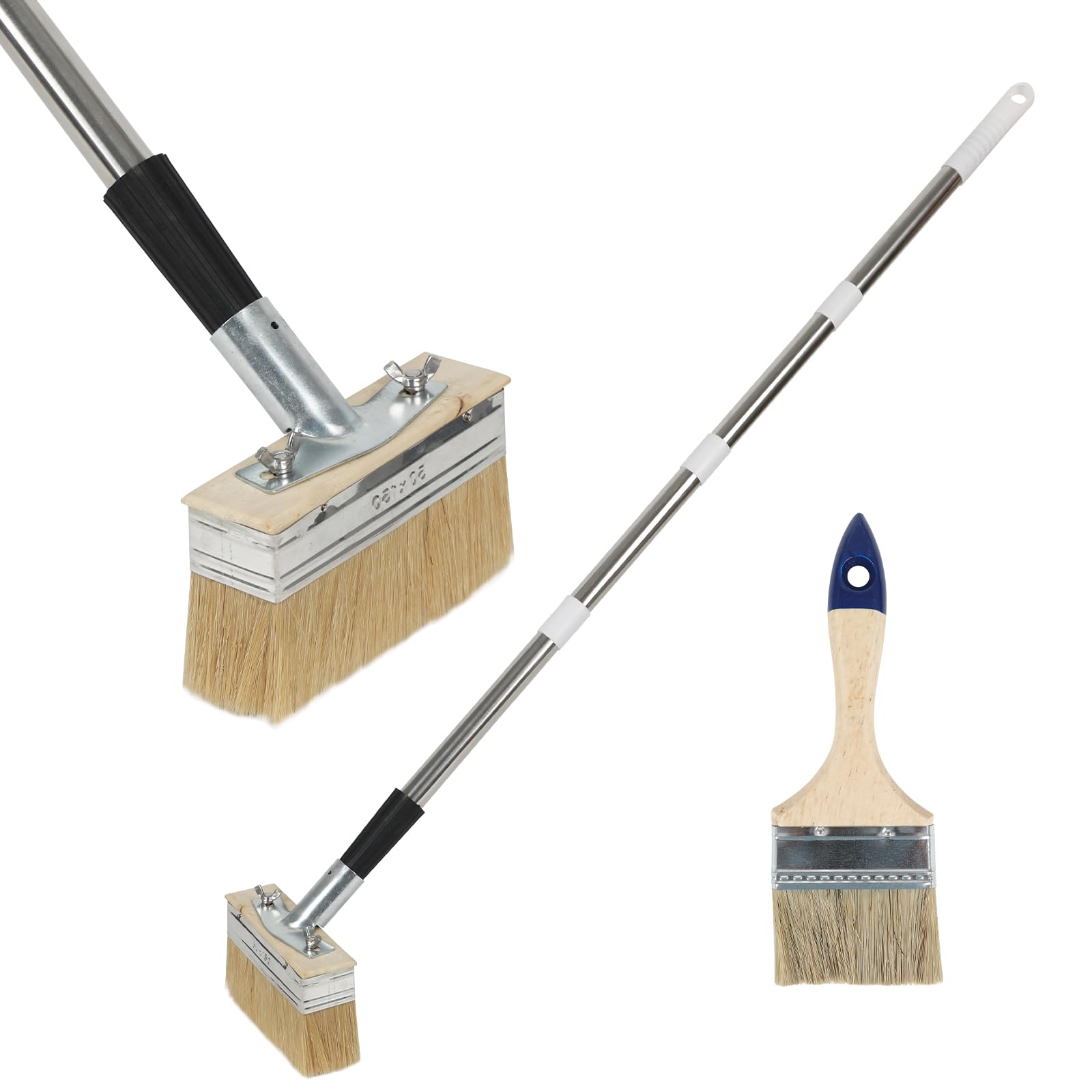 Deck Stain Brush with 63" Long Handle, 2 in 1 Roof Gutter Cleaning Brush Decking Paint Brush, Extensions Handle Sealing Floor Oil Brush, Multi-Angle Adjustable Deck Stain Brush Applicator (63" Handle)