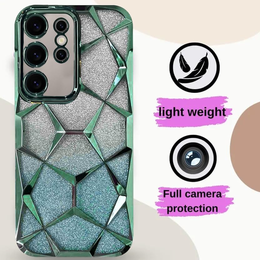 Image of VONZEE Gradient Glitter Clear Case for Samsung S25 Ultra, Luxury Electroplated 3D Cube, Diamond Bling Shiny Soft TPU Clear Shockproof Women Girls Protective Phone Cover (Green)