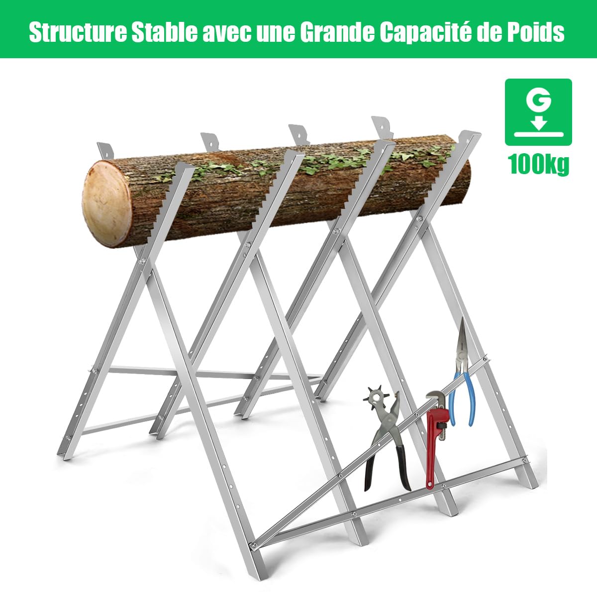 GOPLUS Chevalet de Sciage Pliable pour Tronçonneuses, Chevalet de Travail en Bois Réglable avec Dents de Scie et Entretoises, Charge 100 kg, pour Bois de Chauffage, Bois de Cheminée