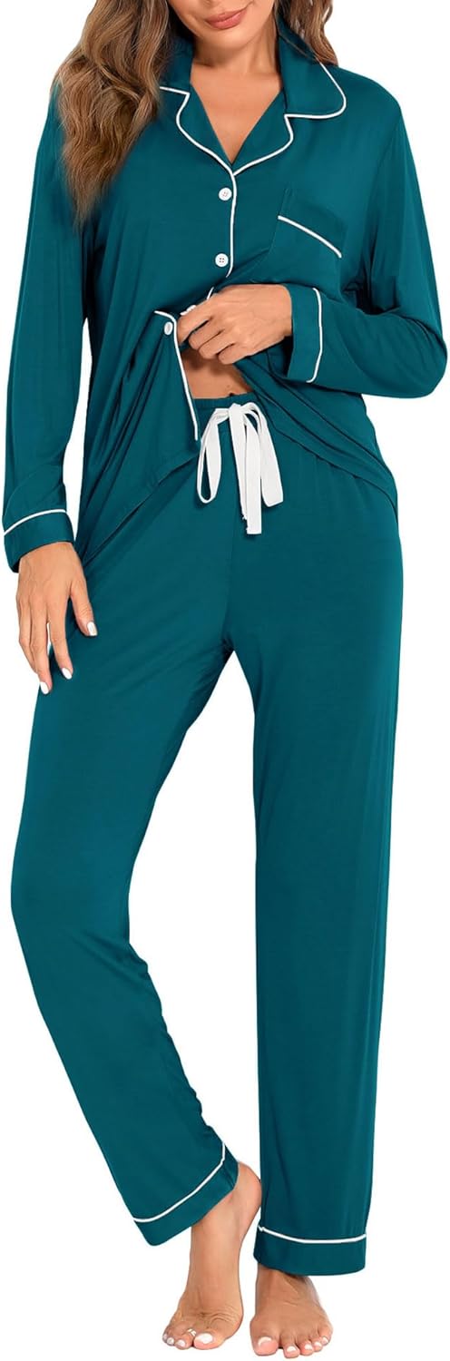 Hagmeu Women's Pajama Sets Long Sleeve Sleepwear Button Up Shirt With Pajama Pants Soft Pjs Lounge Sets