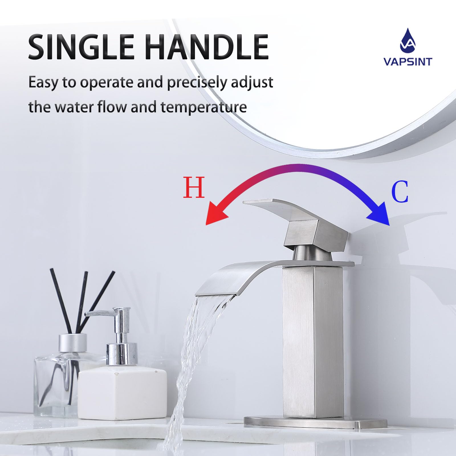 VAPSINT Brushed Nickel Waterfall Bathroom Faucet Modern Single Handle Bathroom Sink Faucet for 1 or 3 Hole Stainless — view 3