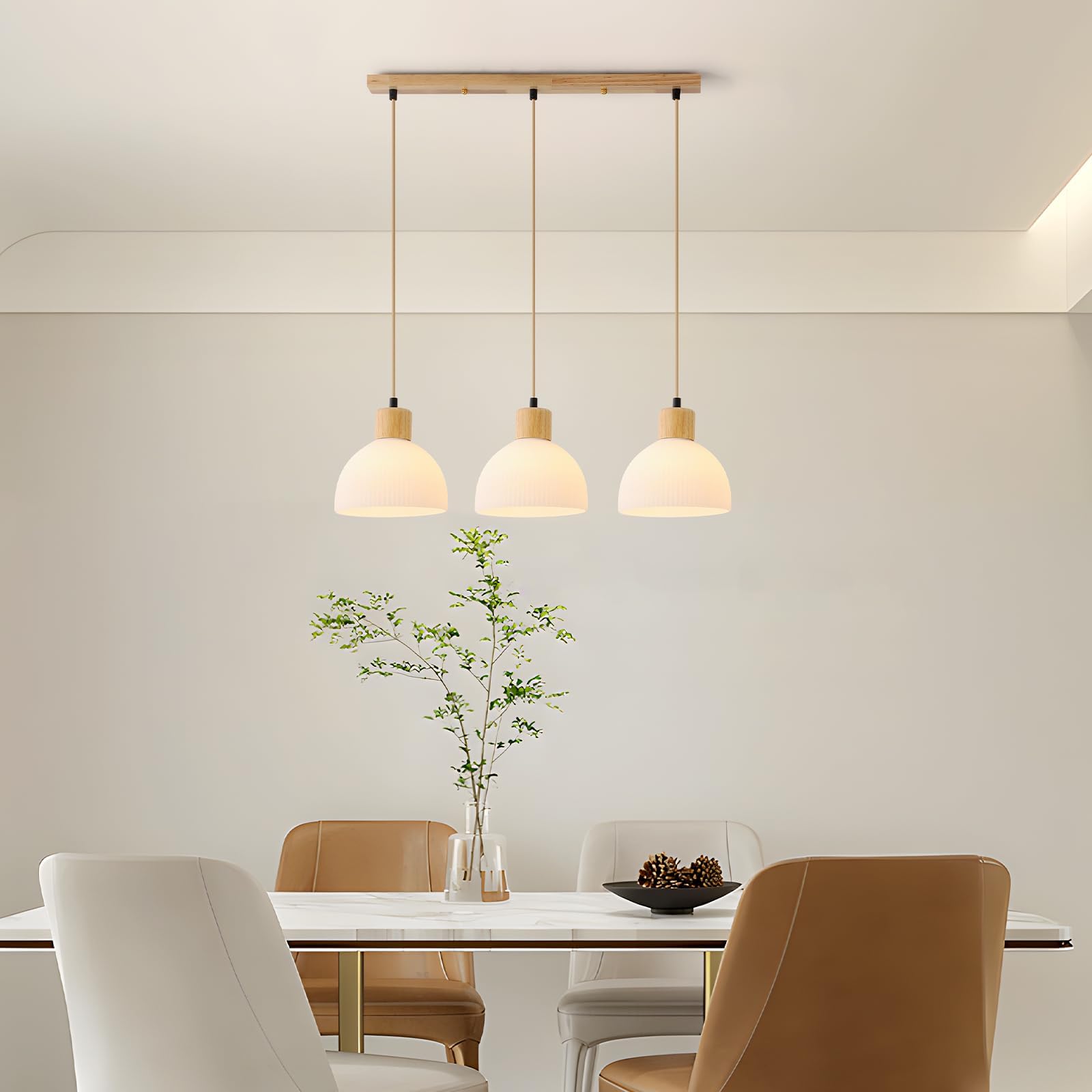 3 LumièRes Suspension Luminaire,Bois Et Verre Blanc Lustre Salon E27 Cuisine Lampe Hauteur RéGlable Vintage Luminaires IntéRieur Pour Chambre Deco