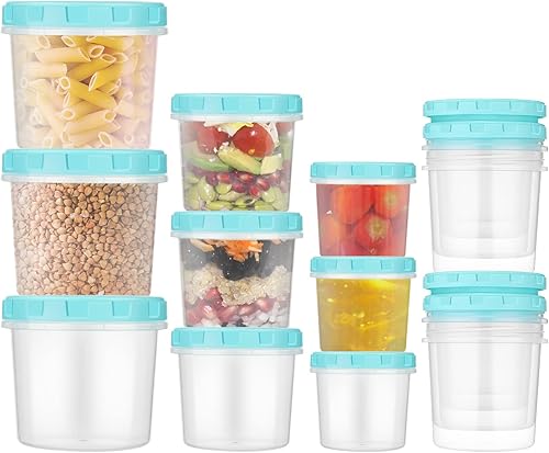 36 recipientes de 10 onzas, 17 onzas, 34 onzas, parte inferior transparente con tapas de rosca superiores azules, contenedor de almacenamiento de