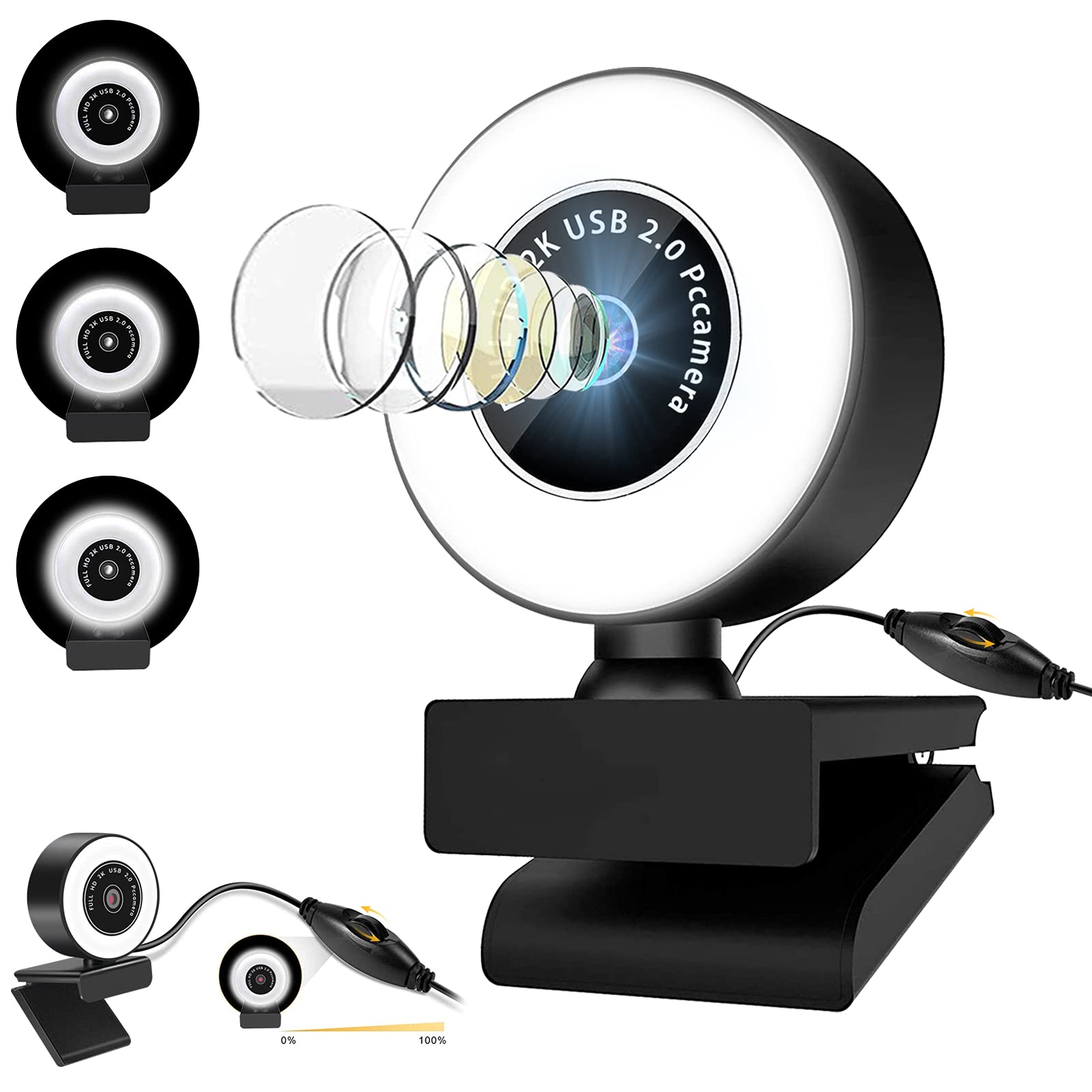 Larkotech Webcam with Microphone Ring Light, 2K HD Face Web Cam with  Tripod and Privacy Cover, Streaming Web Camera for Skype,Zoom,Youtube,Xbox